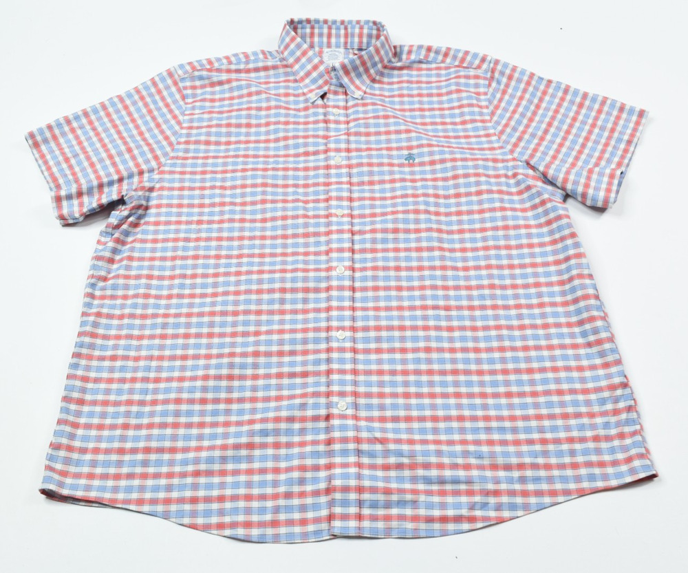 Brooks Brothers Oxford Shirt Mens 2XL Red Blue Plaid Short Sleeve Button-Down